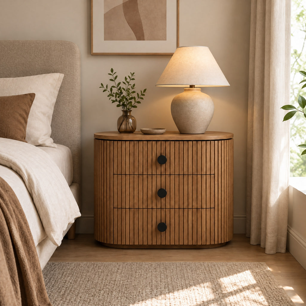 Petite commode ovale cannelée, à côté d'un lit