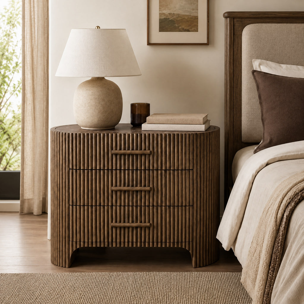 Petite commode ovale marbre, à côté d'un lit